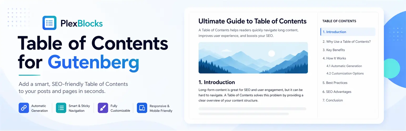 PlexBlocks Table of Contents for Gutenberg plugin banner showcasing an SEO-friendly table of contents block with automatic generation, sticky navigation, customization options, and responsive design.