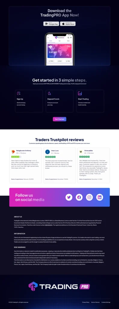 Mobile trading app landing page showcasing app downloads, trading features, customer reviews, onboarding steps, and social media links.