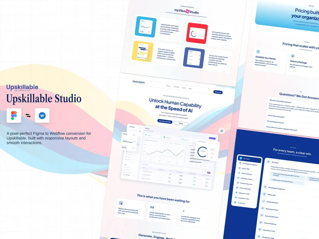 Upskillable Vibe Learning Studio website designed in Figma and developed in Webflow by ConicPlex, showcasing responsive learning platform interfaces and modern UI/UX.