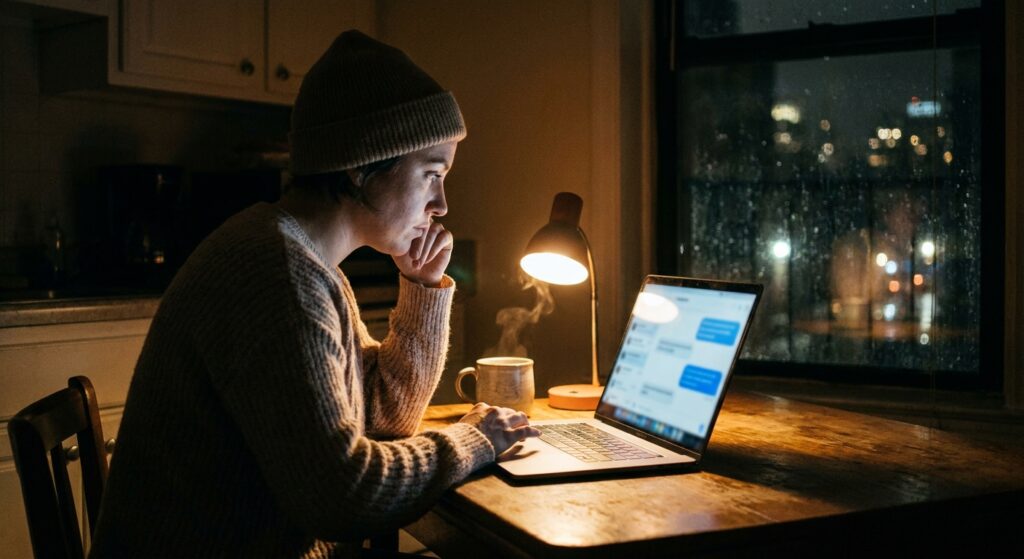 Person reviewing a late-night chat conversation on a laptop at a kitchen table