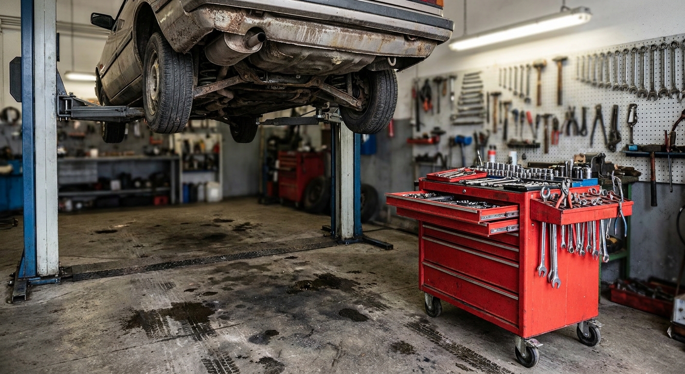 A car raised on a hydraulic lift in an auto repair shop bay next to a rolling tool cart