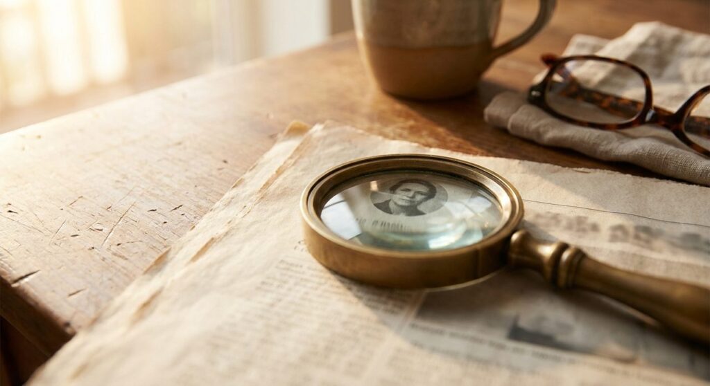 A magnifying glass over an old printed page focused on a bylined author photo, evoking author identity and credibility signals