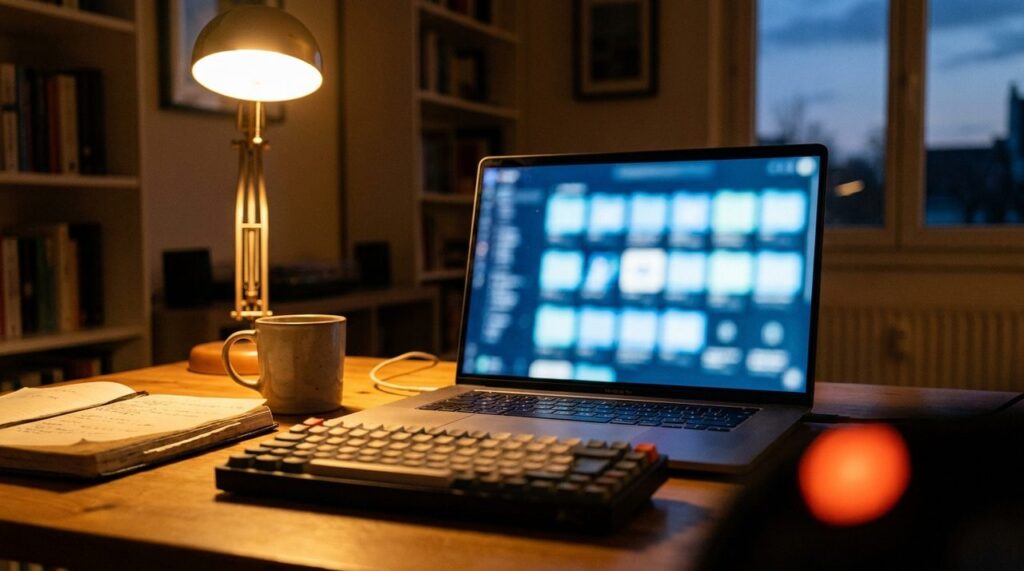 A laptop on a real desk at night glowing with a blurred grid of file thumbnails, evoking a WordPress file upload
