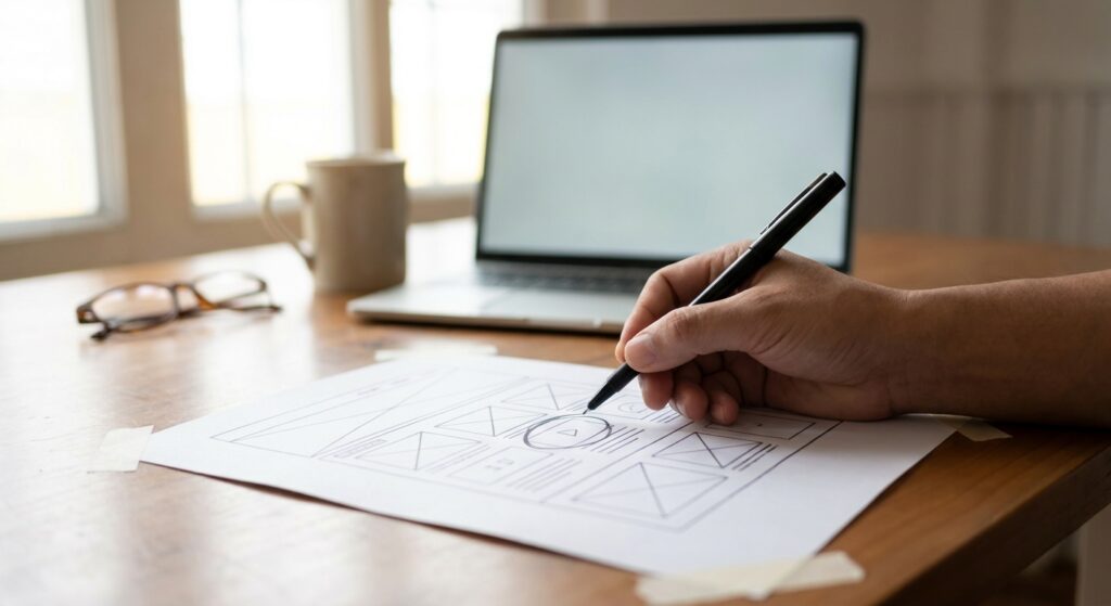 A hand annotating a printed webpage design mockup with a pen, an open laptop blurred in the background