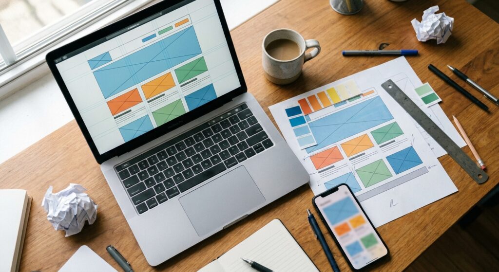 Overhead desk photo of a finished website design mockup on a laptop screen next to a printed layout with color swatches, representing a completed Figma design ready to be built