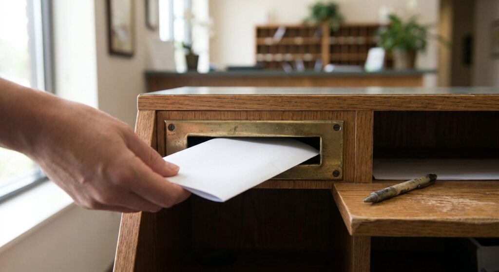 A hand slipping a document through a brass mail slot in a wooden reception desk