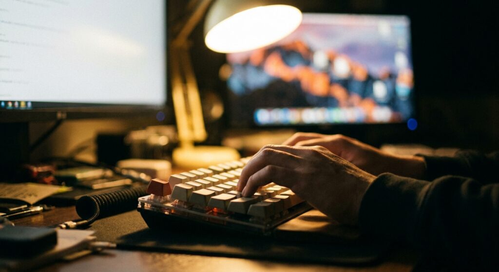 Hands typing on a mechanical keyboard at a dimly lit desk with a softly glowing monitor blurred in the background