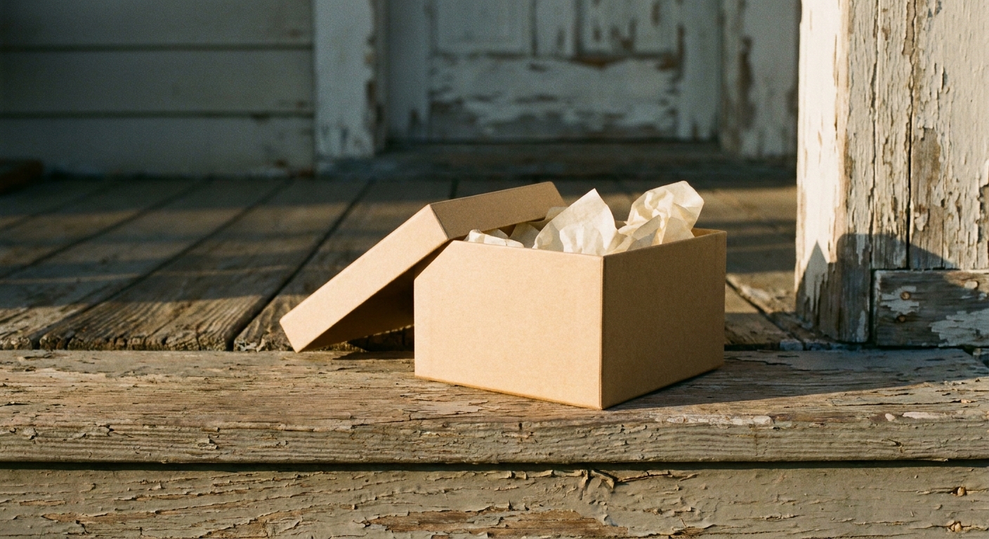 An open kraft-paper gift box with tissue paper inside, sitting on a wooden porch step in late afternoon light