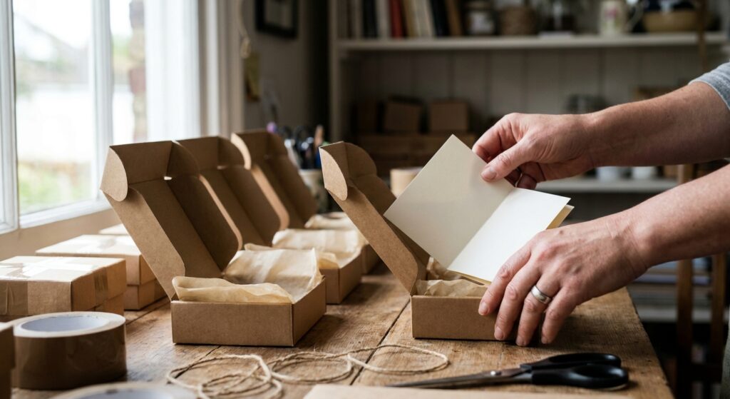 Hands packing small kraft gift boxes lined with tissue paper on a wooden table, tucking a blank card into one of the boxes
