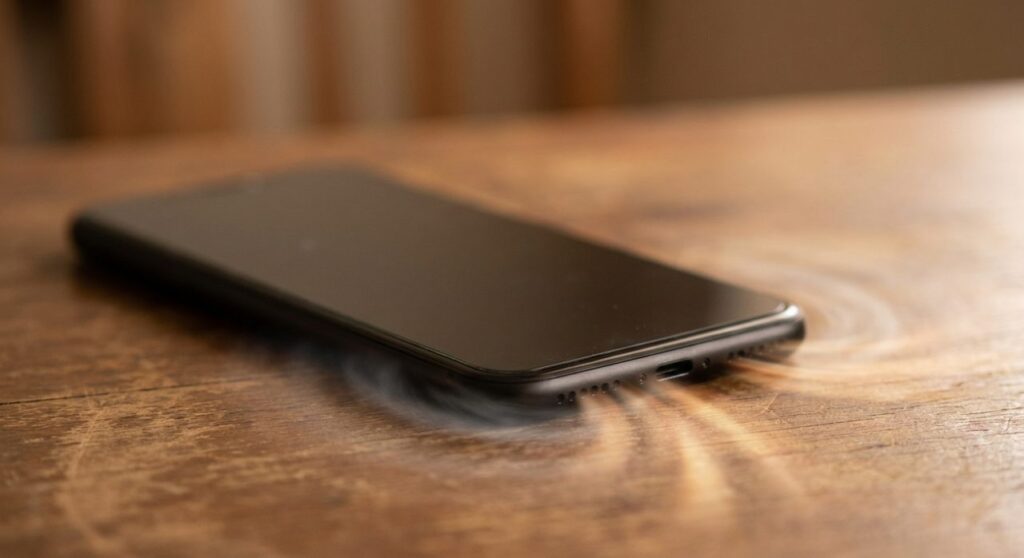 Smartphone lying screen-down on a wooden desk with motion-blur ripples around it suggesting extremely fast response speed