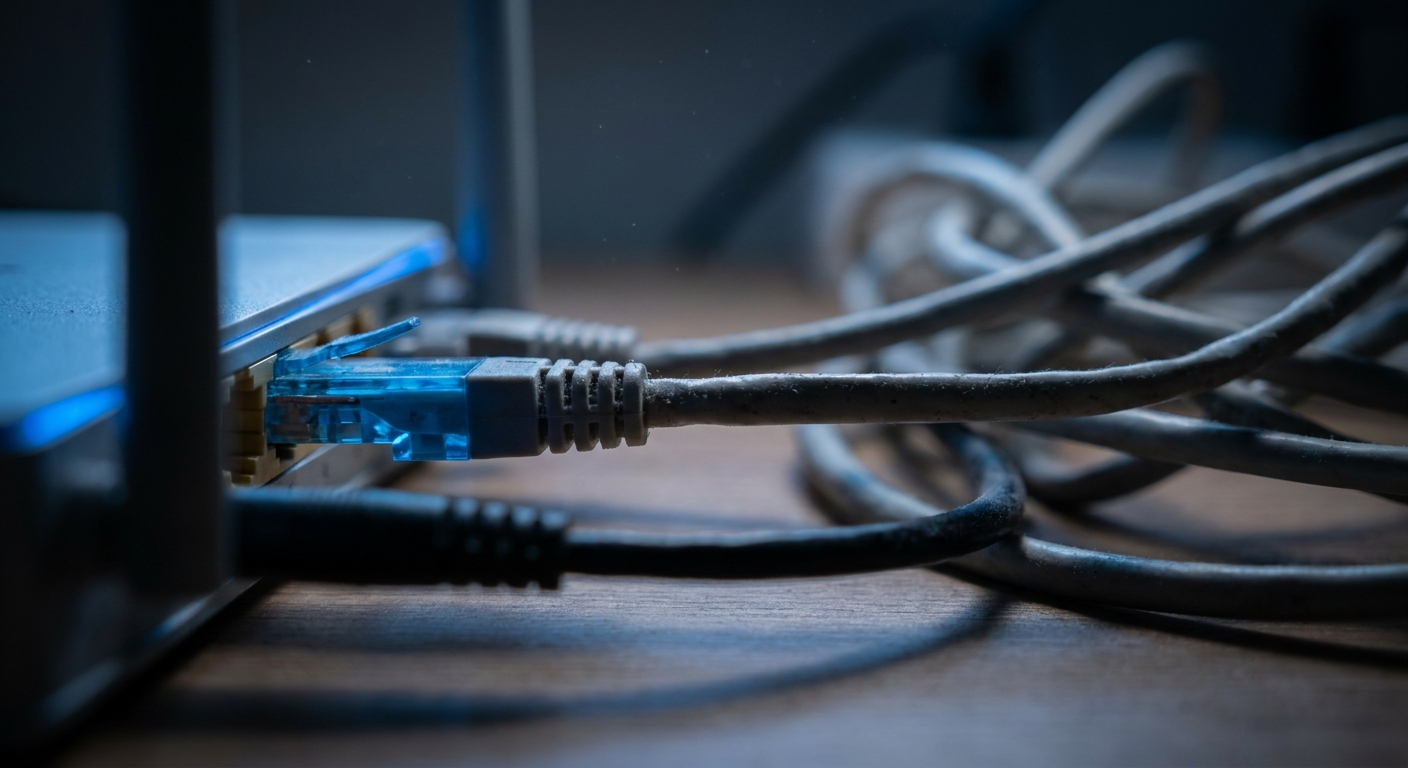 An ethernet cable plugged into a router in a dim room at night