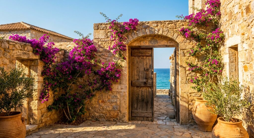Stone archway entrance of a Greek coastal villa near Kardamili framed by bougainvillea, with the sea visible beyond the doorway