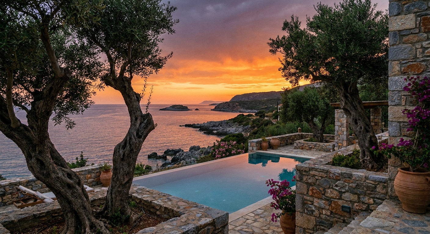 Infinity pool on a stone villa terrace overlooking the Kardamili coastline at sunset, framed by olive trees