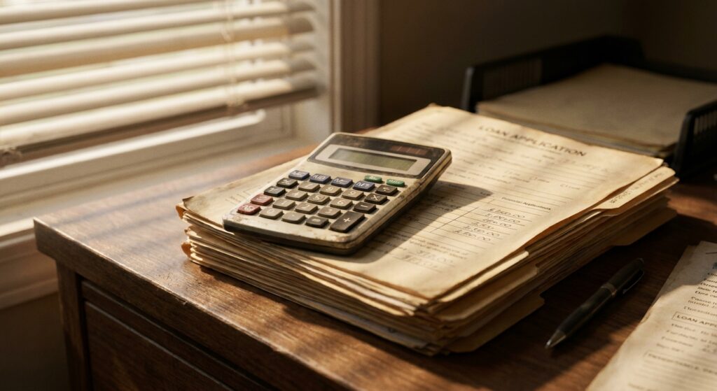 A handheld calculator resting on a stack of paper loan application documents on a wooden desk, with afternoon light through venetian blinds