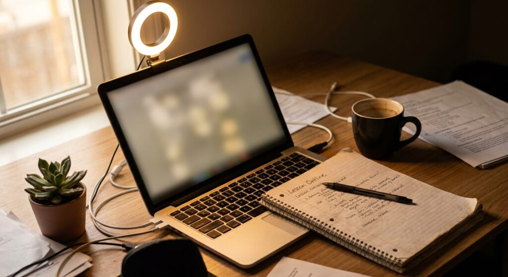 A home course-recording setup with a ring light, laptop, and a handwritten lesson outline notebook on a wooden desk