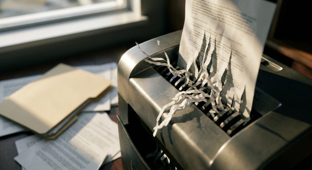 A document being fed into an office paper shredder next to a folder with scattered loose papers