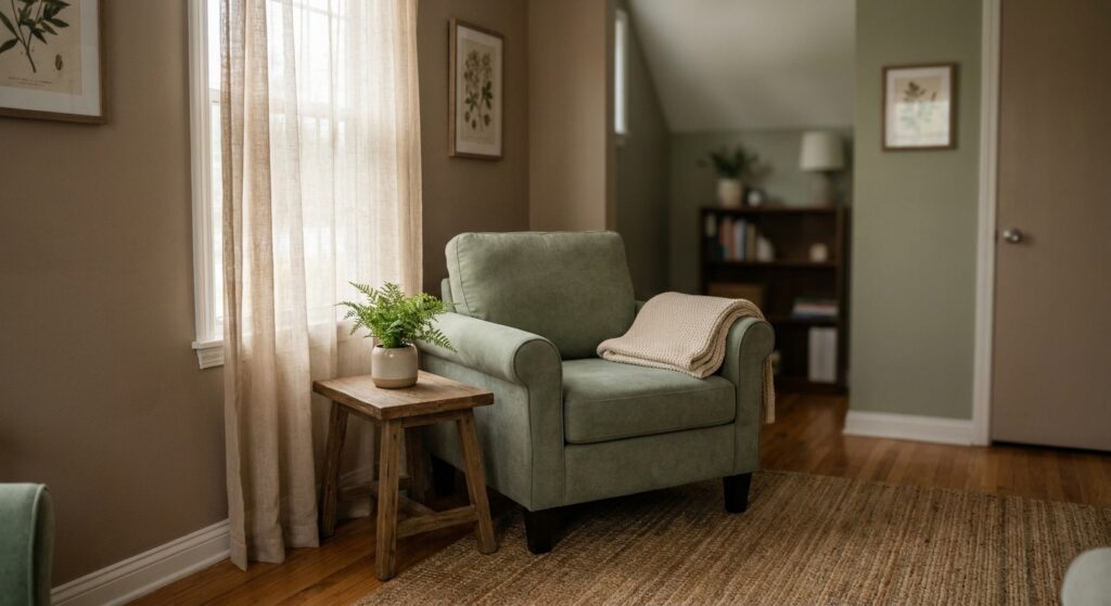 A calming therapy office waiting area with a sage green armchair, soft natural light, and warm neutral tones