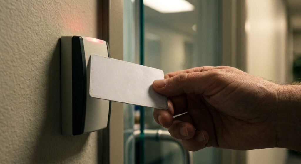 A hand holding an access badge near a keycard reader with a red indicator light beside an office door