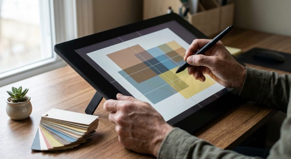 Close-up of a designer using a stylus on a graphics tablet to adjust a webpage layout grid, with physical color swatch cards on the desk