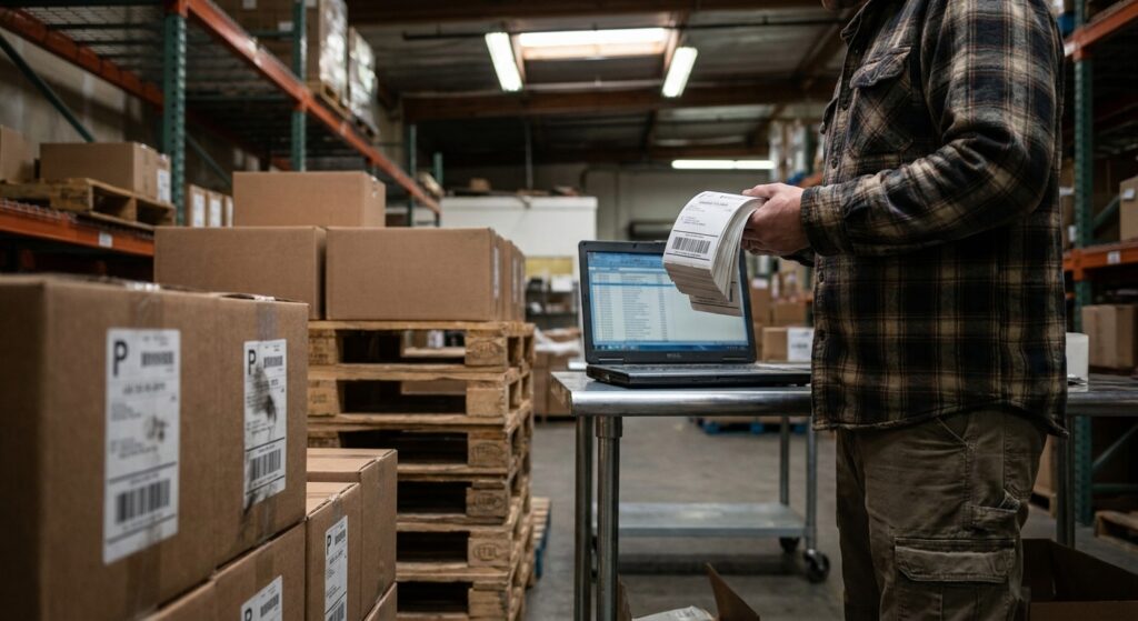 Warehouse worker holding shipping labels next to packed boxes, laptop open on a table showing an order list