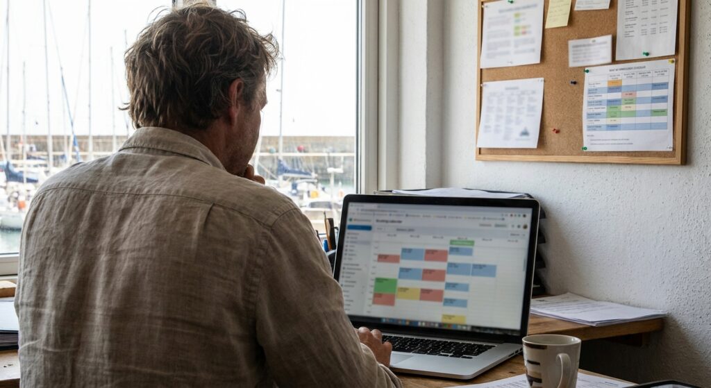 Small business owner reviewing a booking calendar on a laptop in a marina office