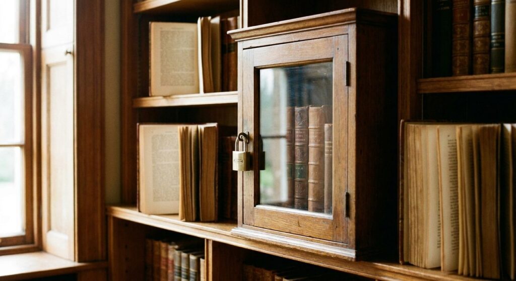 A locked antique glass cabinet next to open bookshelves, representing gated versus free content on a WordPress membership site